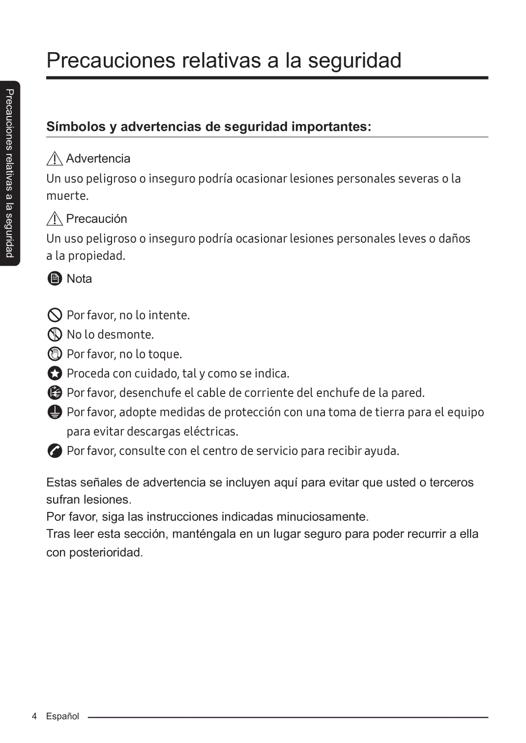 Samsung RF50K5920S8/ES manual Símbolos y advertencias de seguridad importantes 