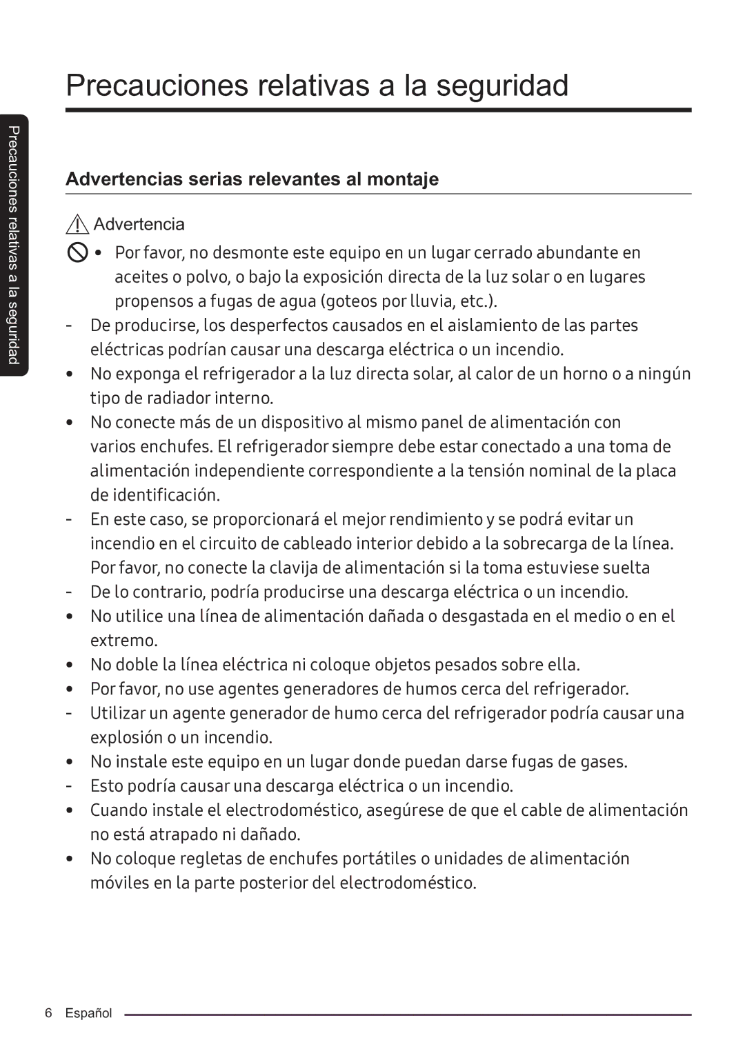 Samsung RF50K5920S8/ES manual Advertencias serias relevantes al montaje 