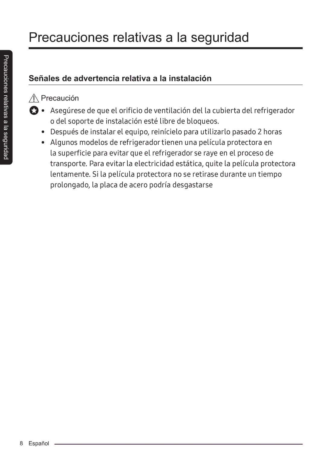 Samsung RF50K5920S8/ES manual Señales de advertencia relativa a la instalación 