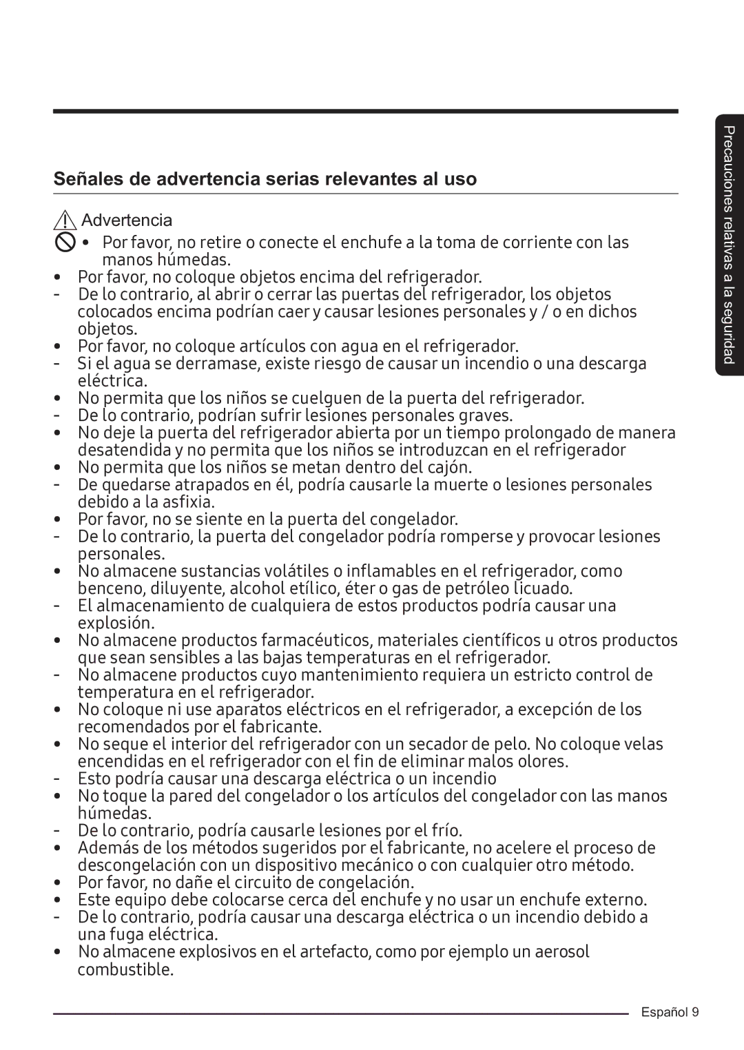 Samsung RF50K5920S8/ES manual Señales de advertencia serias relevantes al uso 