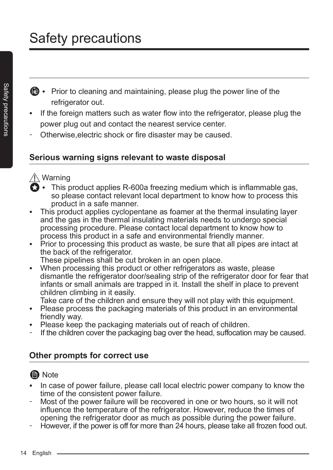 Samsung RF50K5920S8/ES manual Serious warning signs relevant to waste disposal, Other prompts for correct use 