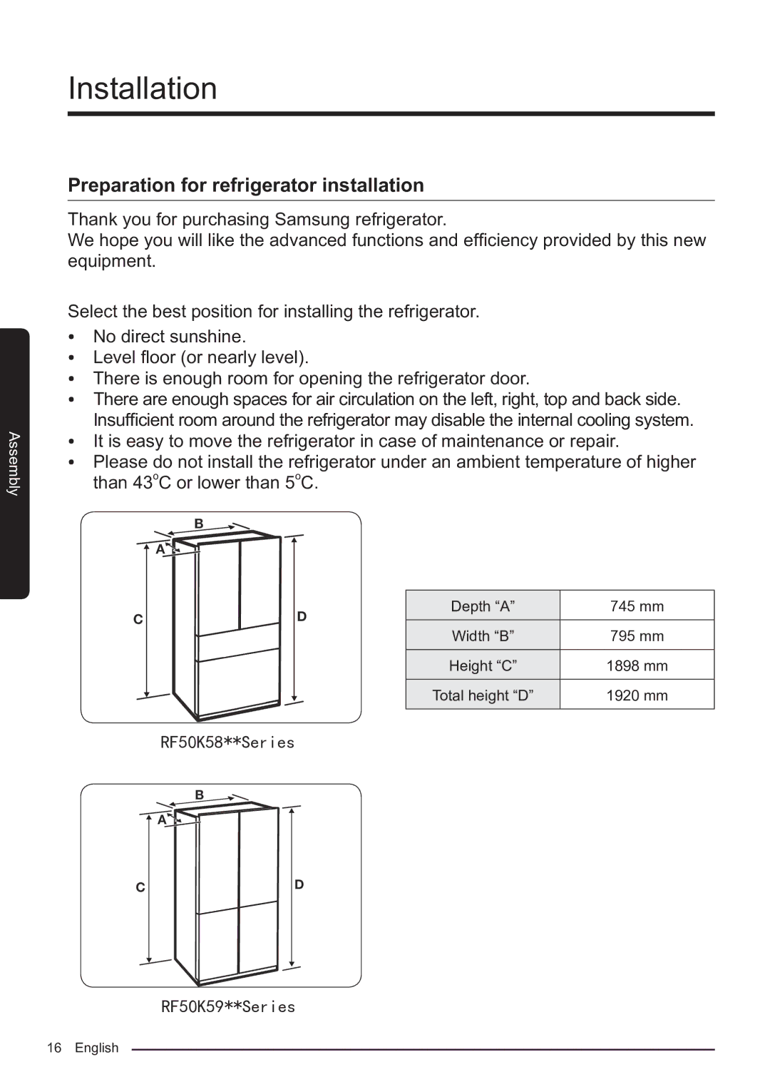 Samsung RF50K5920S8/ES manual Installation, Preparation for refrigerator installation 