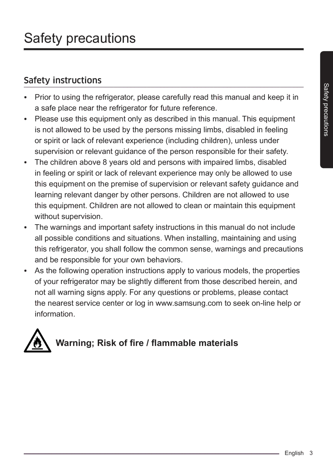 Samsung RF50K5920S8/ES manual Safety precautions, Safety instructions 