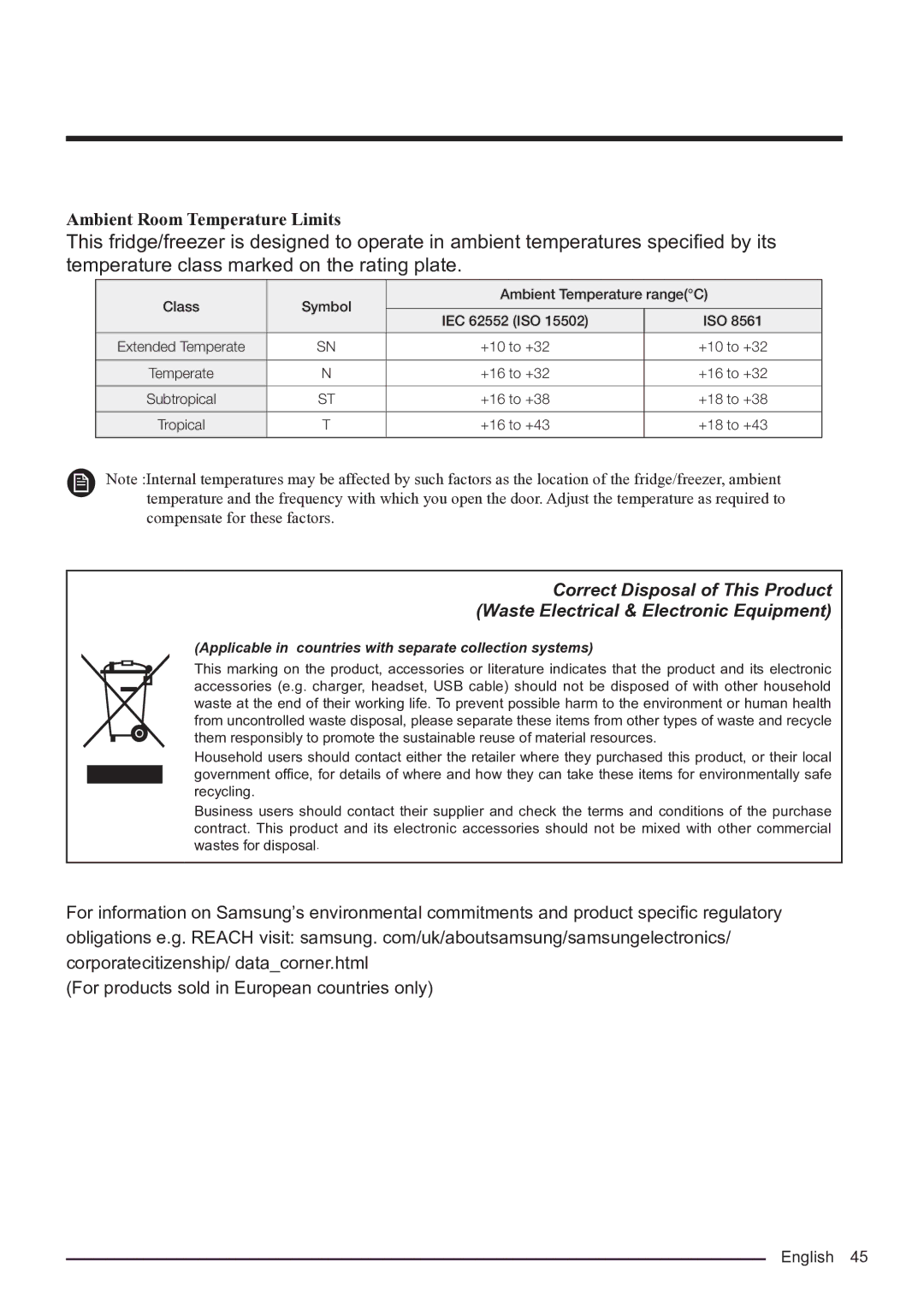 Samsung RF50K5920S8/ES manual Ambient Room Temperature Limits 