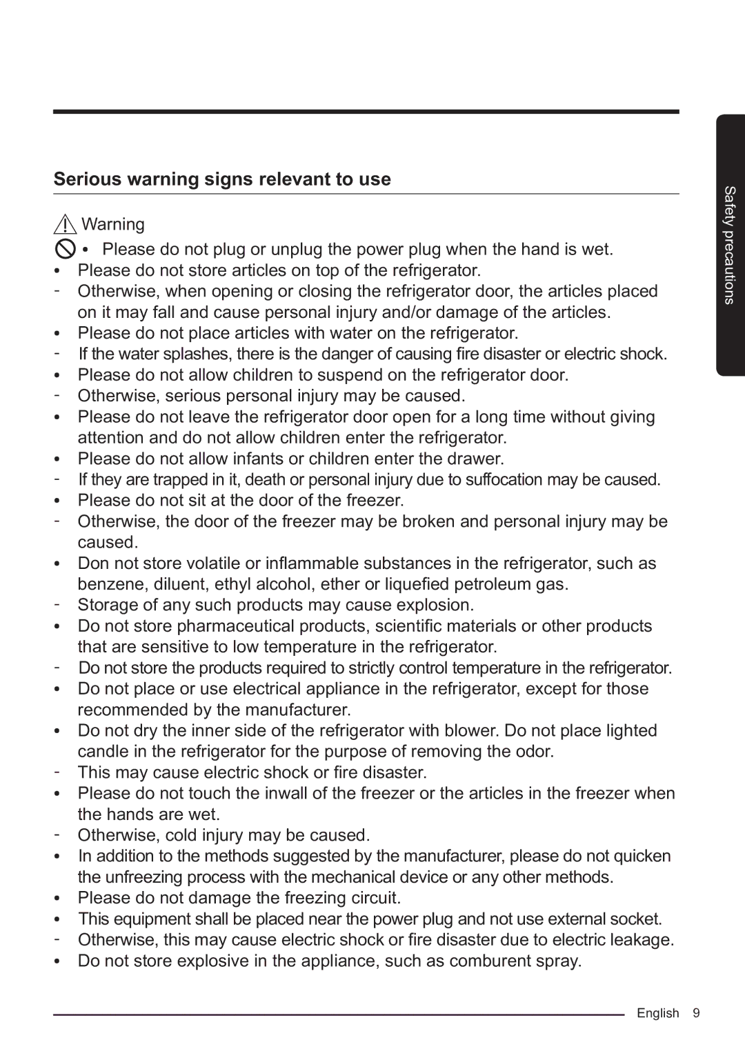 Samsung RF50K5920S8/ES manual Serious warning signs relevant to use 