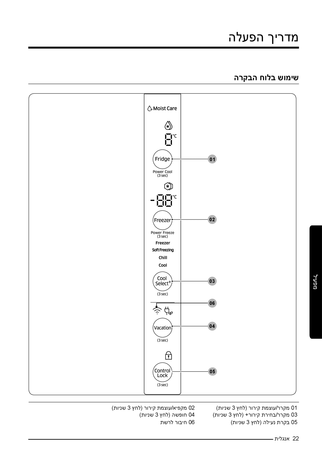 Samsung RF50K5920S8/ML, RF50K5920FG/ML manual הלעפה ךירדמ, הרקבה חולב שומיש 