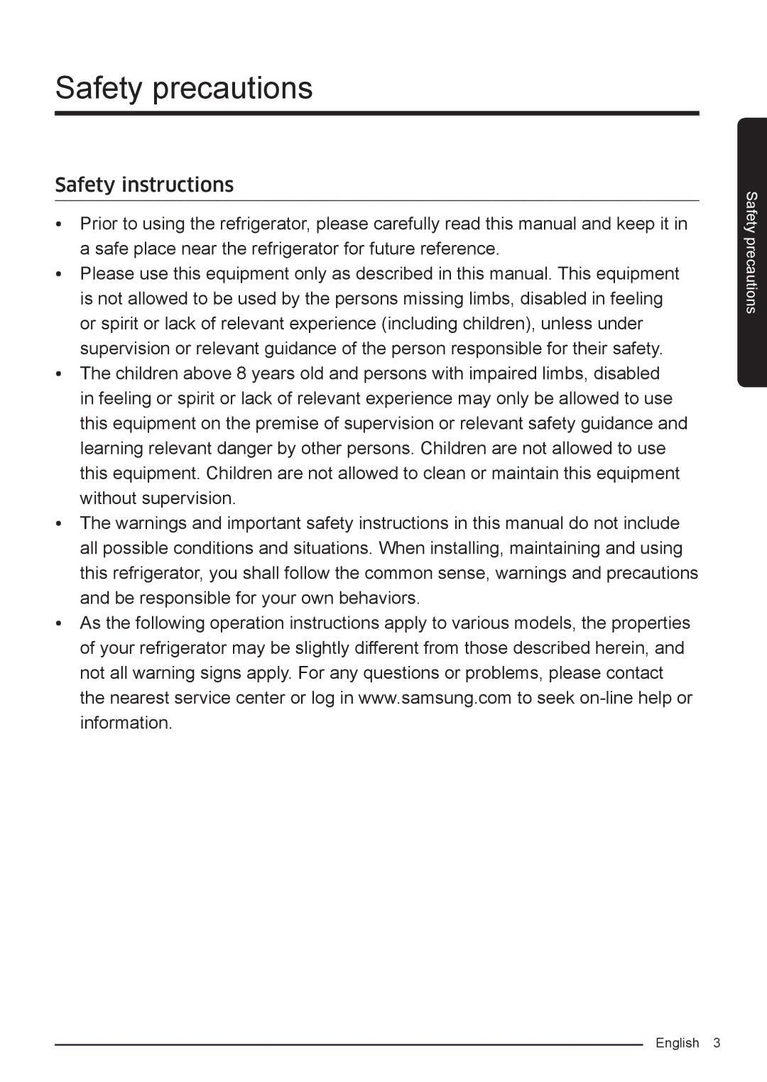 Samsung RF50K5920FG/ML, RF50K5920S8/ML manual Safety precautions, Safety instructions 