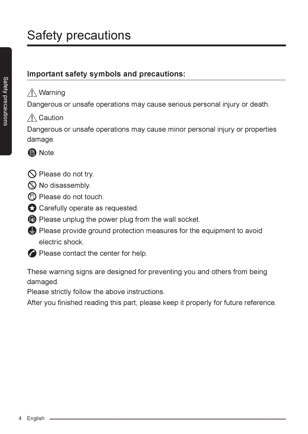 Samsung RF50K5920S8/ML, RF50K5920FG/ML manual Important safety symbols and precautions 