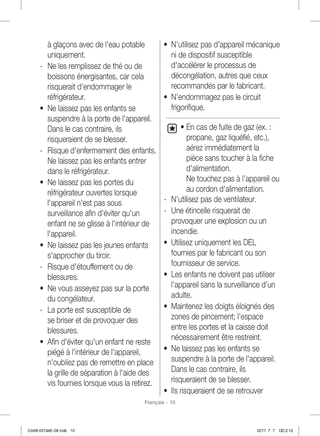 Samsung RF56J9040SR/EF manual Glaçons avec de leau potable uniquement, Provoquer une explosion ou un incendie 