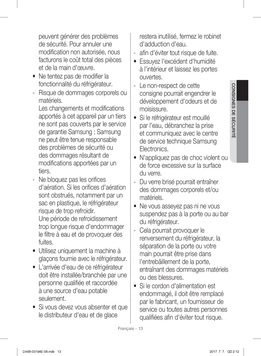 Samsung RF56J9040SR/EF manual Risque de dommages corporels ou matériels, Une source deau potable seulement 