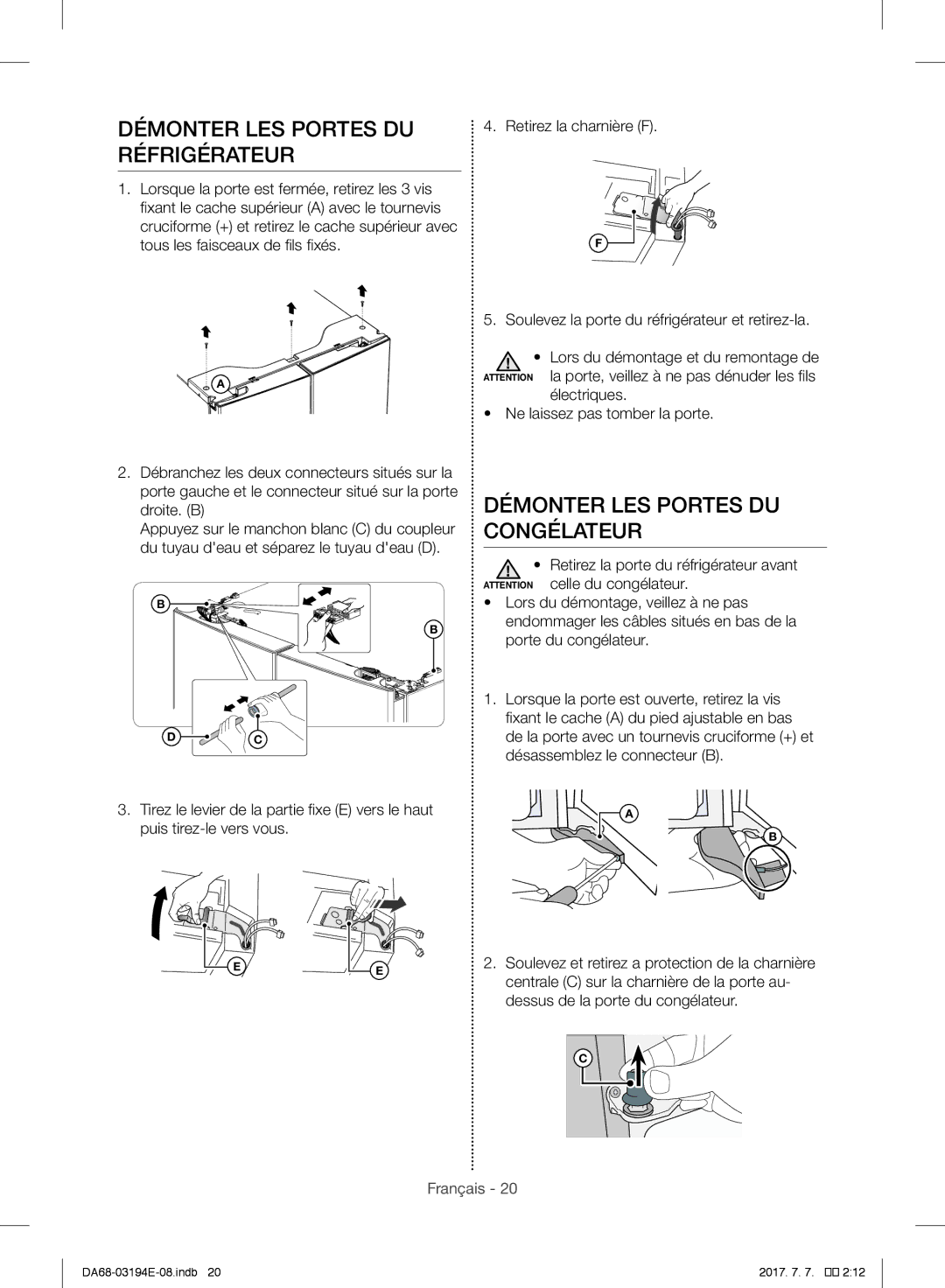 Samsung RF56J9040SR/EF manual Démonter LES Portes DU Réfrigérateur, Démonter LES Portes DU Congélateur 