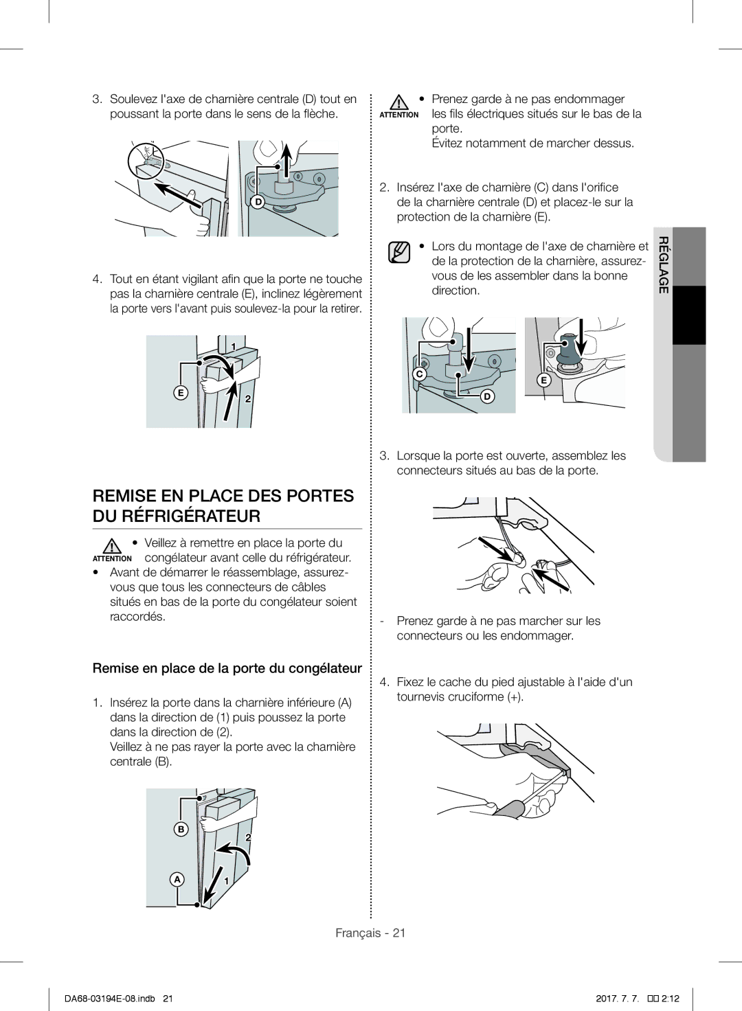 Samsung RF56J9040SR/EF manual Remise EN Place DES Portes DU Réfrigérateur, Remise en place de la porte du congélateur 