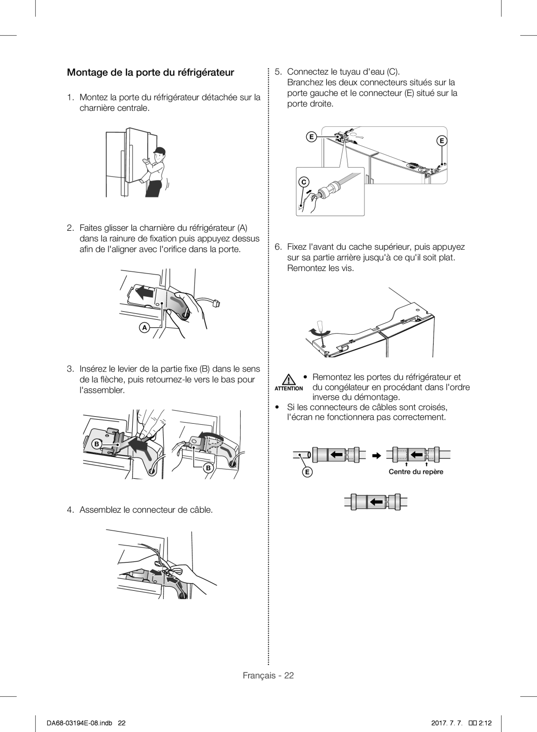 Samsung RF56J9040SR/EF manual Montage de la porte du réfrigérateur 