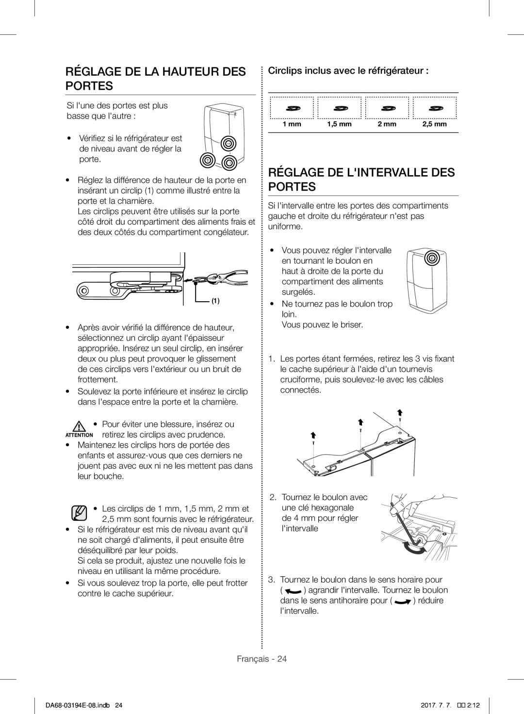 Samsung RF56J9040SR/EF manual Réglage DE LA Hauteur DES Portes, Réglage DE Lintervalle DES Portes 