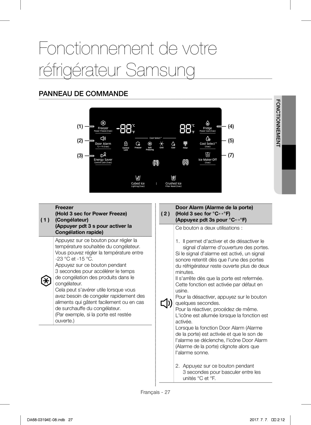 Samsung RF56J9040SR/EF manual Panneau DE Commande, Fonctionnement, Ce bouton a deux utilisations, Congélation rapide 