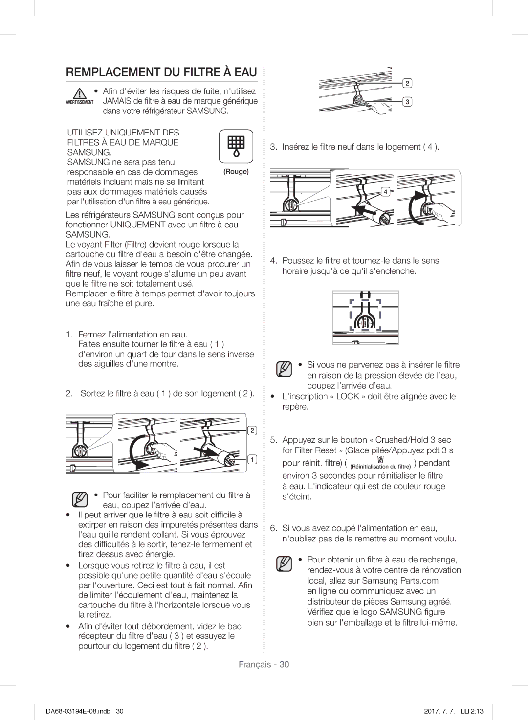 Samsung RF56J9040SR/EF manual Remplacement DU Filtre À EAU 