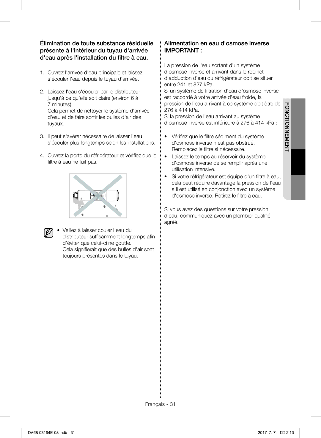 Samsung RF56J9040SR/EF manual Alimentation en eau dosmose inverse 