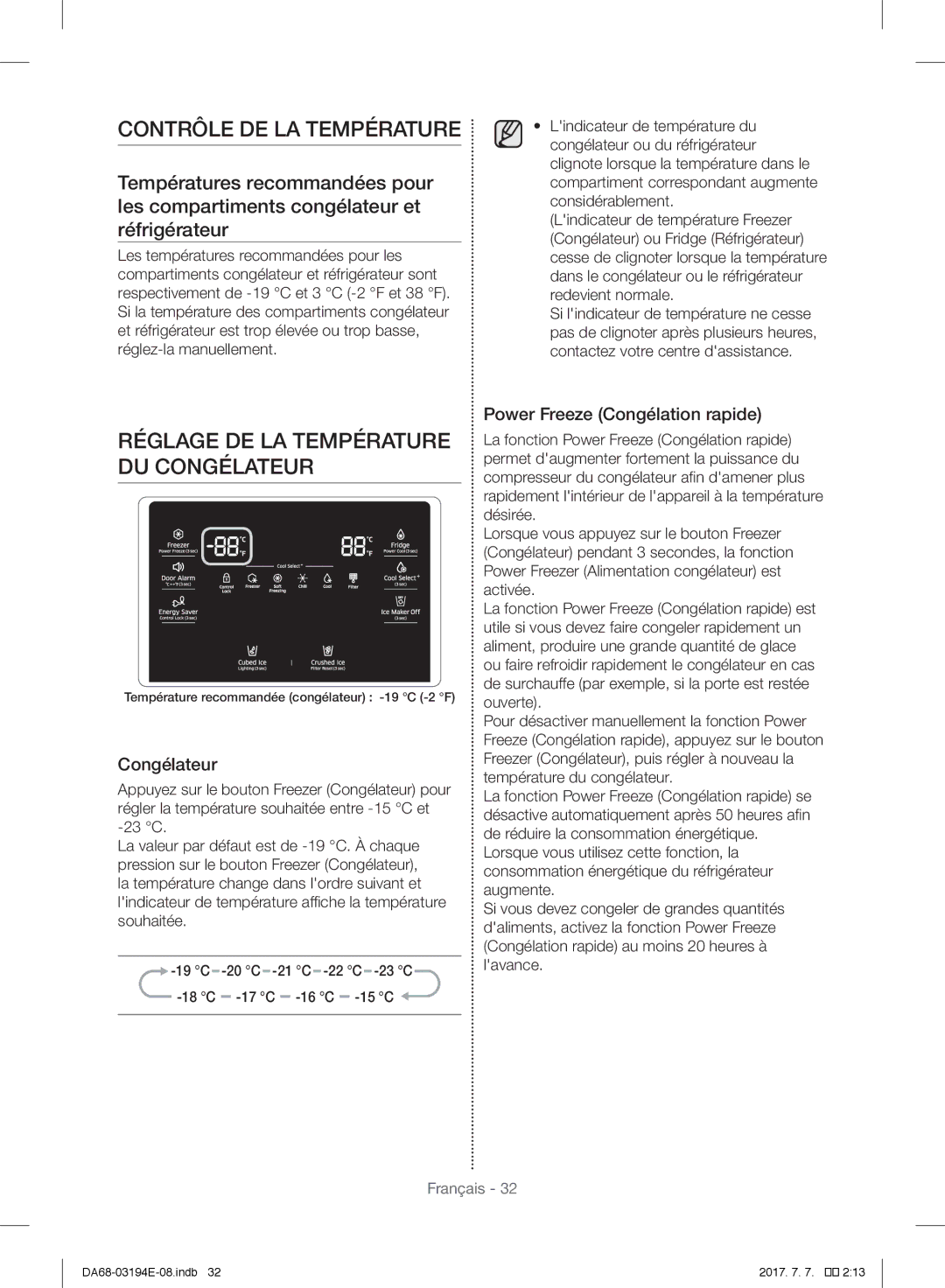 Samsung RF56J9040SR/EF manual Contrôle DE LA Température, Congélateur, Power Freeze Congélation rapide 