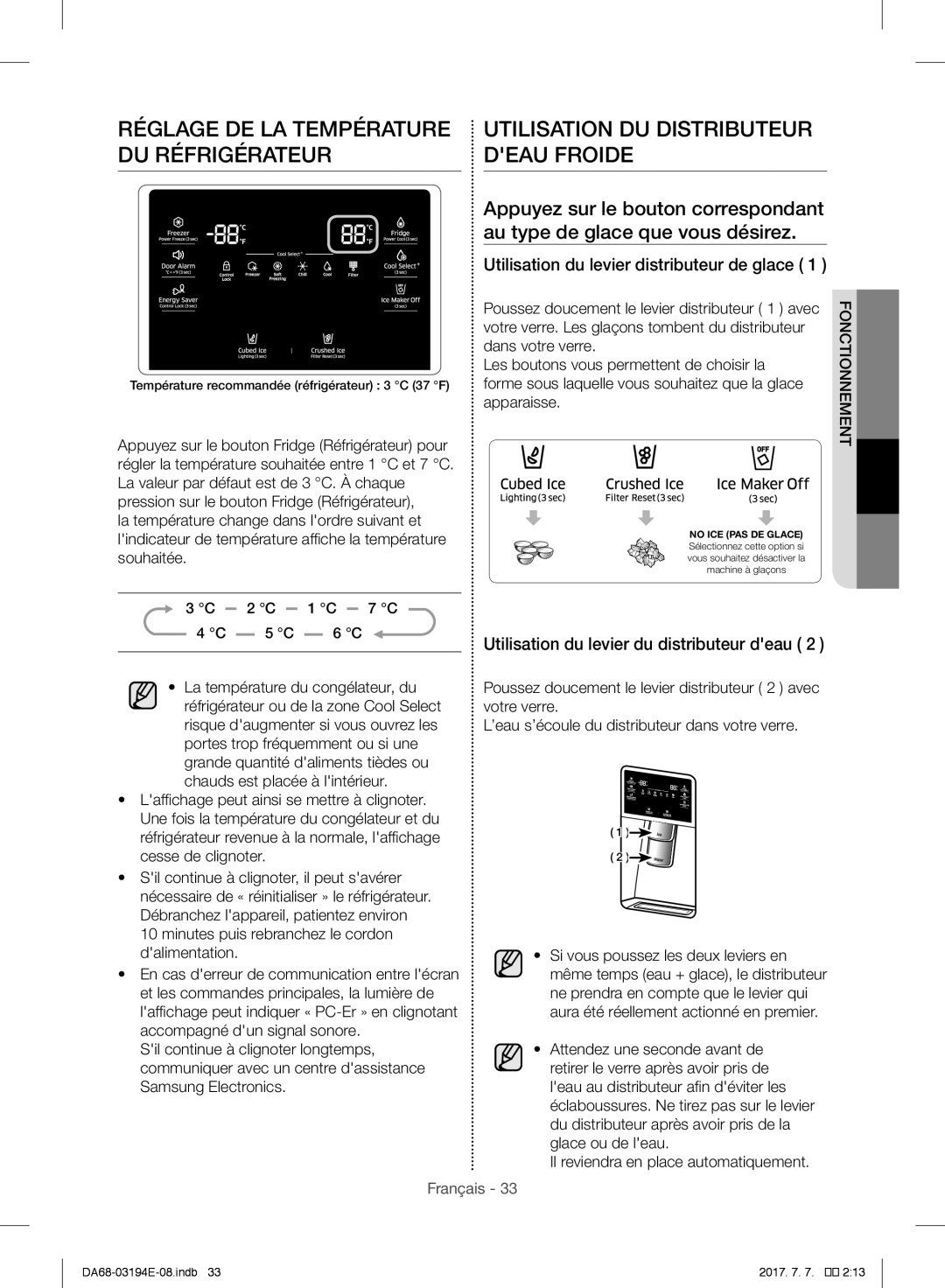 Samsung RF56J9040SR/EF manual Utilisation DU Distributeur Deau Froide, Utilisation du levier distributeur de glace 