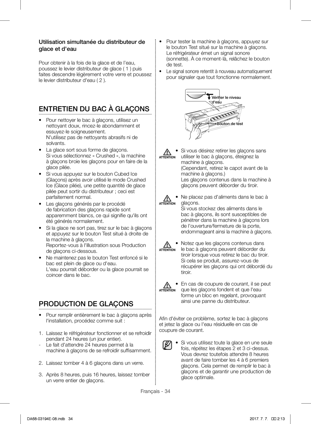 Samsung RF56J9040SR/EF manual Entretien DU BAC À Glaçons, Production DE Glaçons 