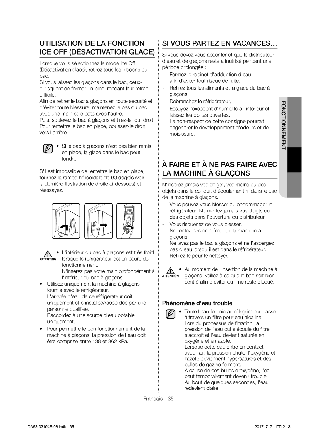 Samsung RF56J9040SR/EF manual SI Vous Partez EN VACANCES…, Faire ET À NE PAS Faire Avec LA Machine À Glaçons 