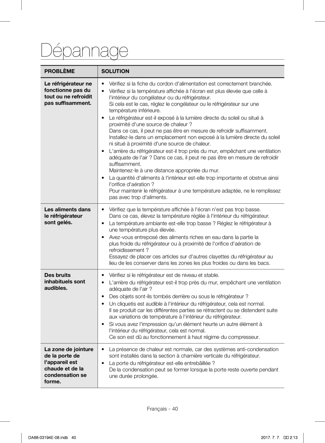 Samsung RF56J9040SR/EF Le réfrigérateur ne, Fonctionne pas du, Tout ou ne refroidit, Pas suffisamment, Les aliments dans 