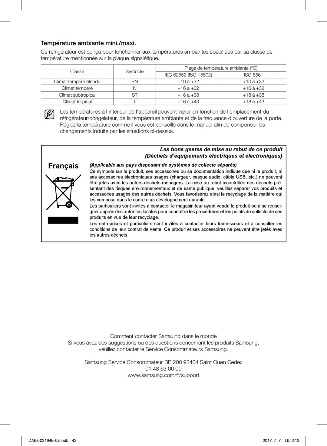 Samsung RF56J9040SR/EF manual Français, Température ambiante mini./maxi 