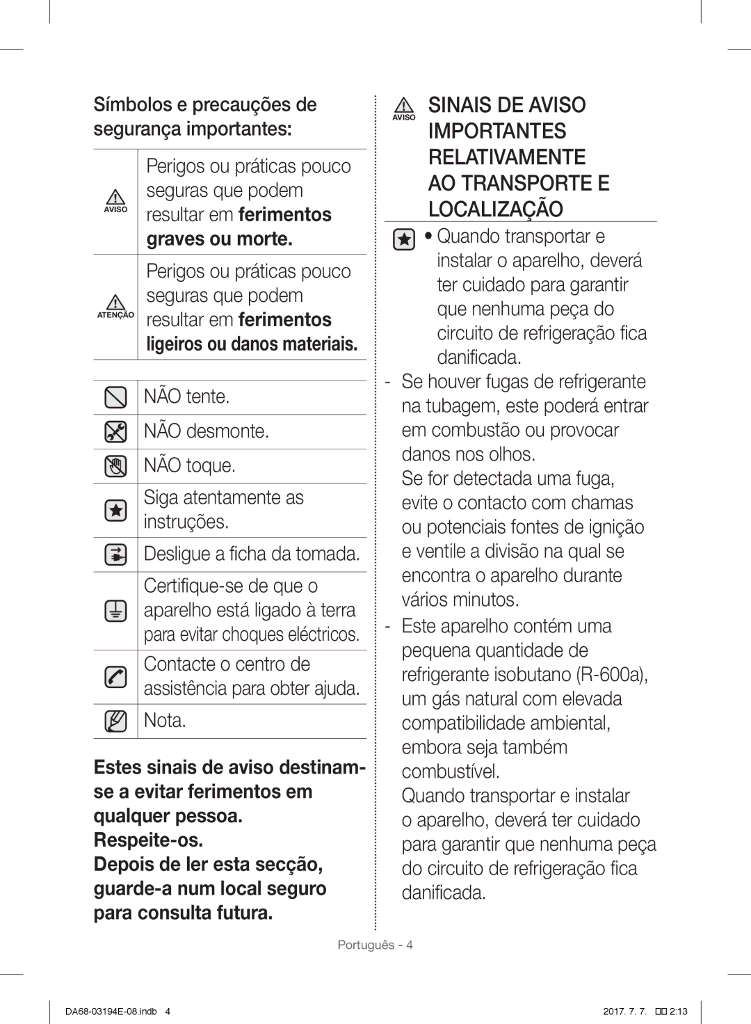 Samsung RF56J9040SR/EF Símbolos e precauções de segurança importantes, Seguras que podem, Resultar em ferimentos, Nota 