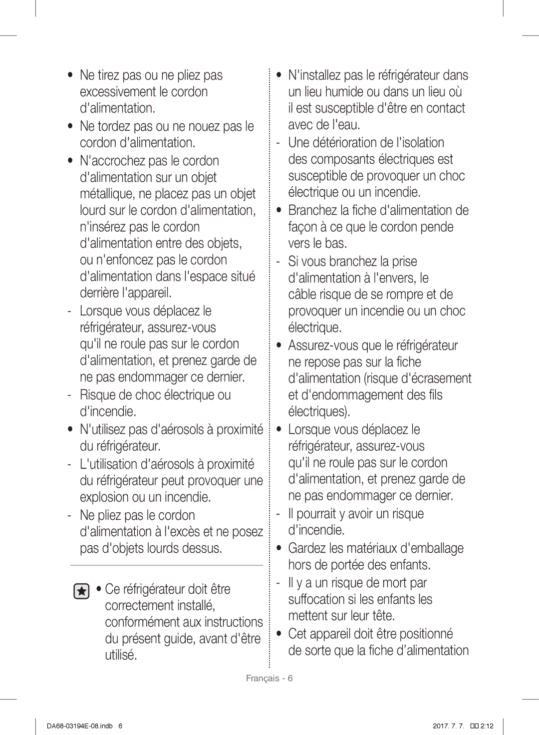 Samsung RF56J9040SR/EF manual Il pourrait y avoir un risque dincendie 