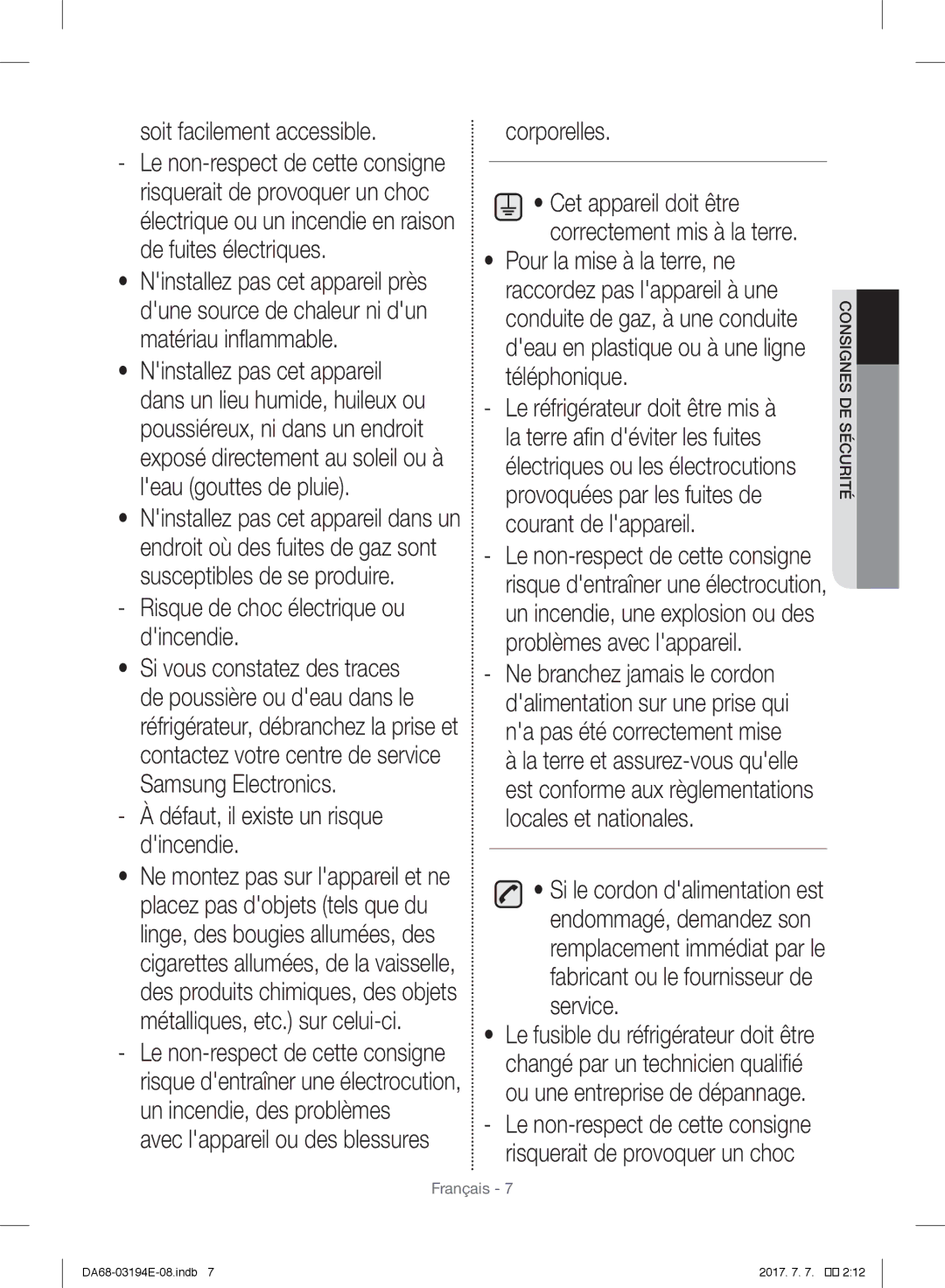 Samsung RF56J9040SR/EF manual Soit facilement accessible, Défaut, il existe un risque dincendie 