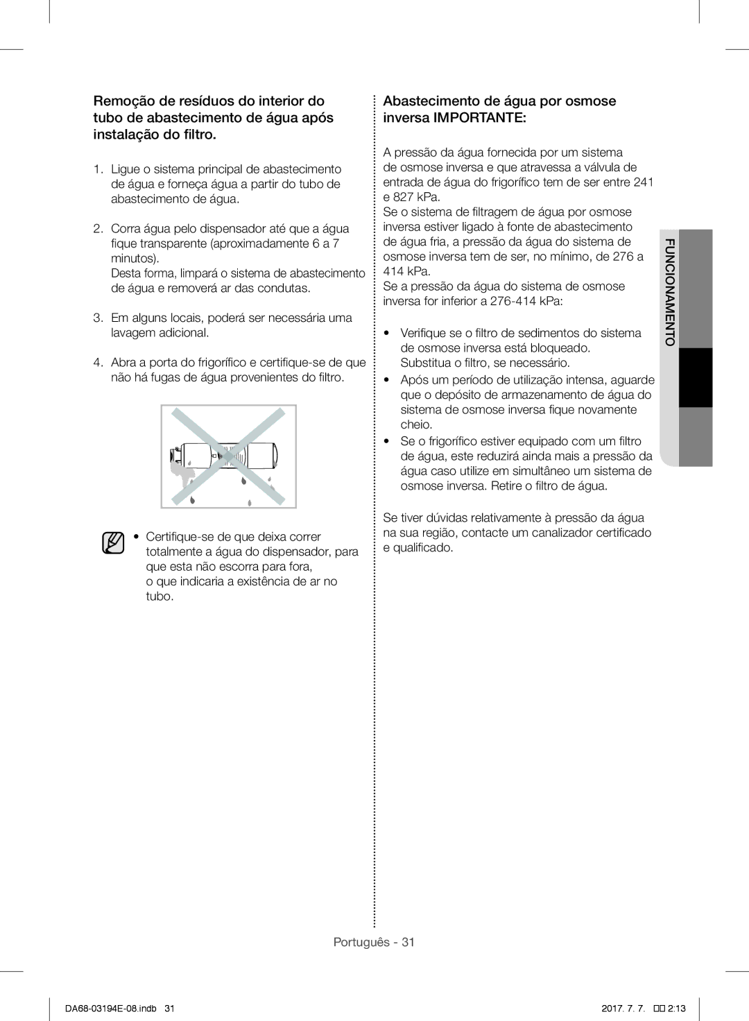 Samsung RF56J9040SR/EF manual Abastecimento de água por osmose inversa Importante 