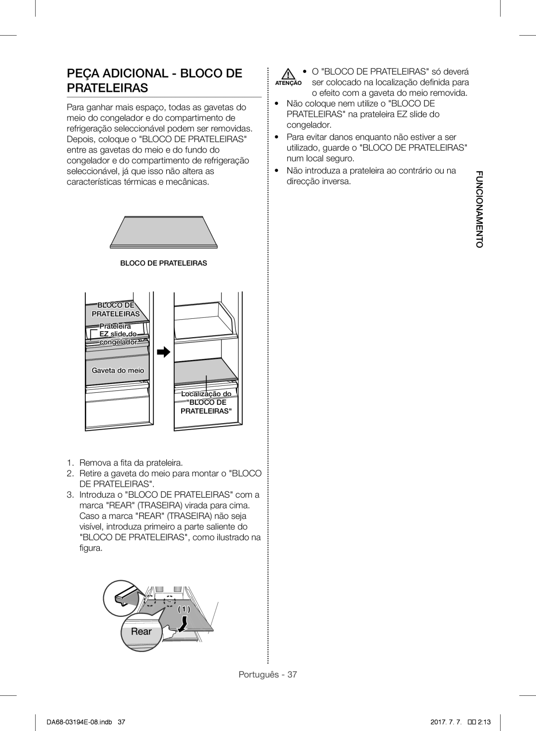 Samsung RF56J9040SR/EF manual Peça Adicional Bloco DE Prateleiras 