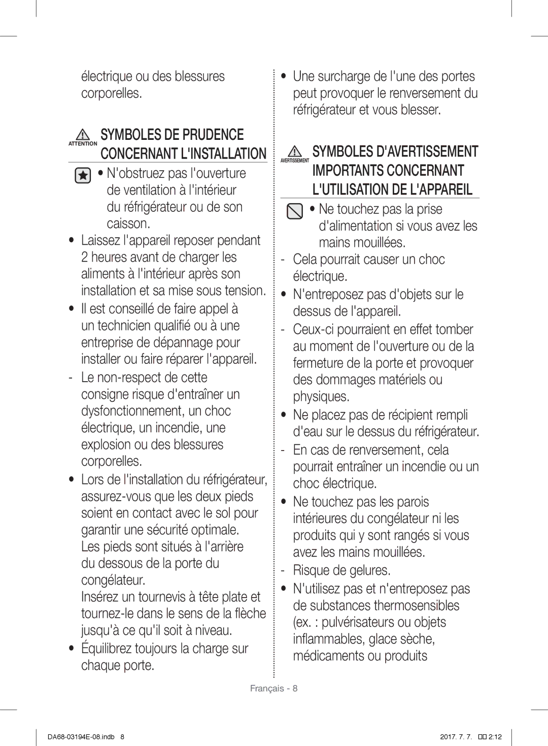 Samsung RF56J9040SR/EF manual Électrique ou des blessures corporelles, Nobstruez pas louverture, Risque de gelures 