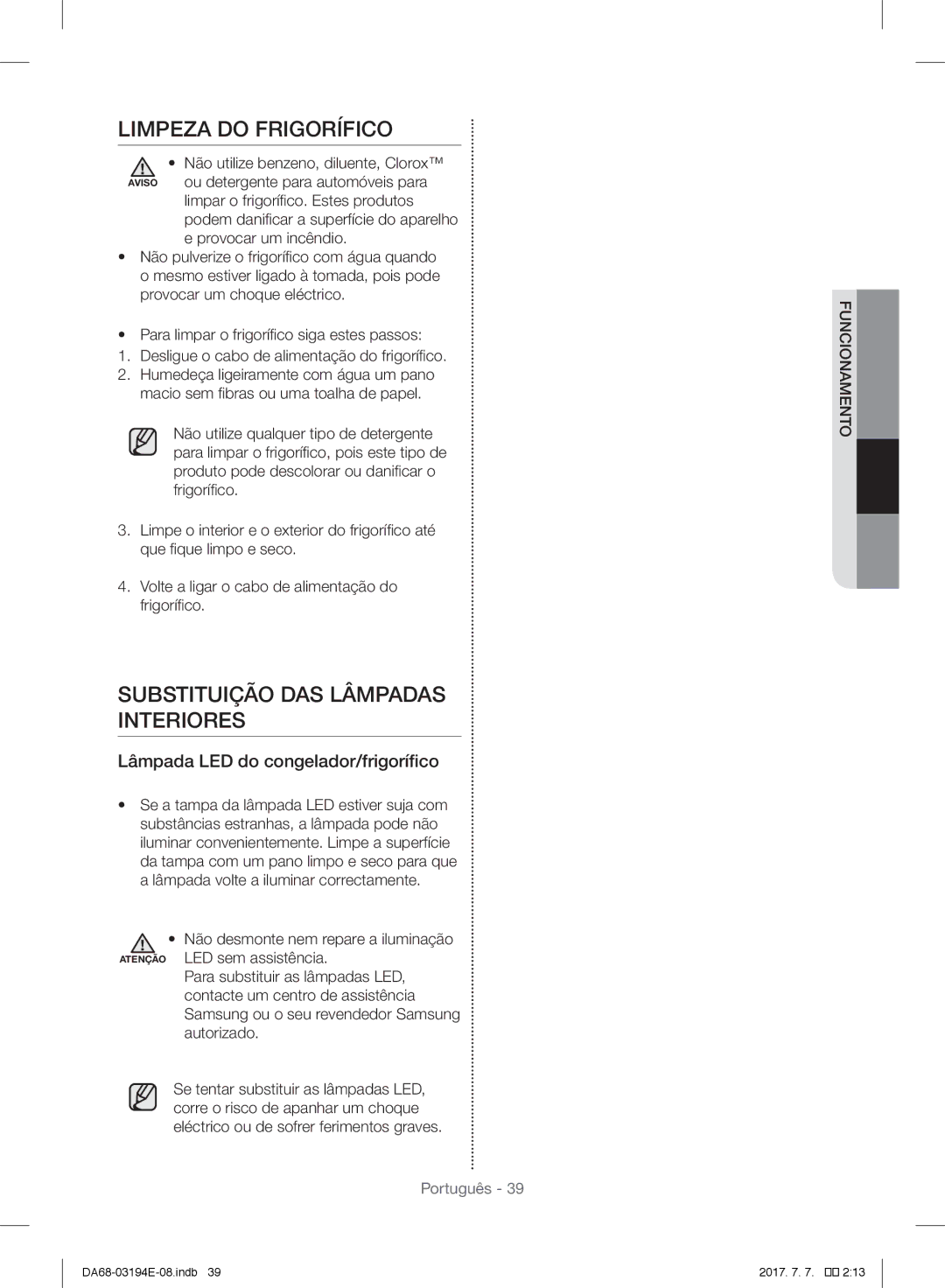 Samsung RF56J9040SR/EF Limpeza do Frigorífico, Substituição DAS Lâmpadas Interiores, Lâmpada LED do congelador/frigorífico 