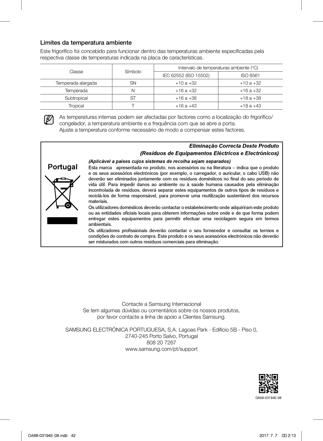 Samsung RF56J9040SR/EF manual Portugal, Limites da temperatura ambiente 