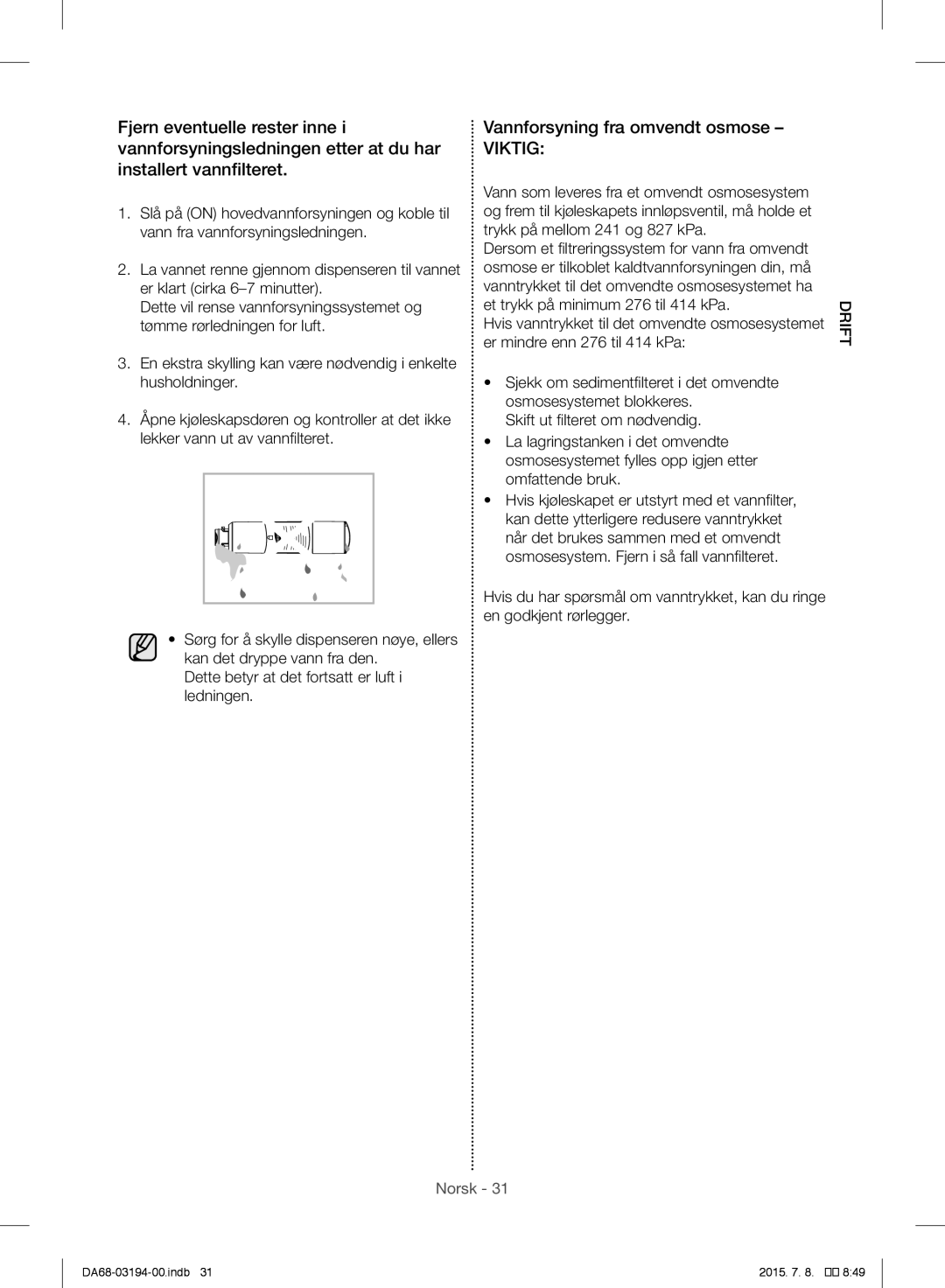 Samsung RF56J9040SR/EF manual Vannforsyning fra omvendt osmose, Viktig 