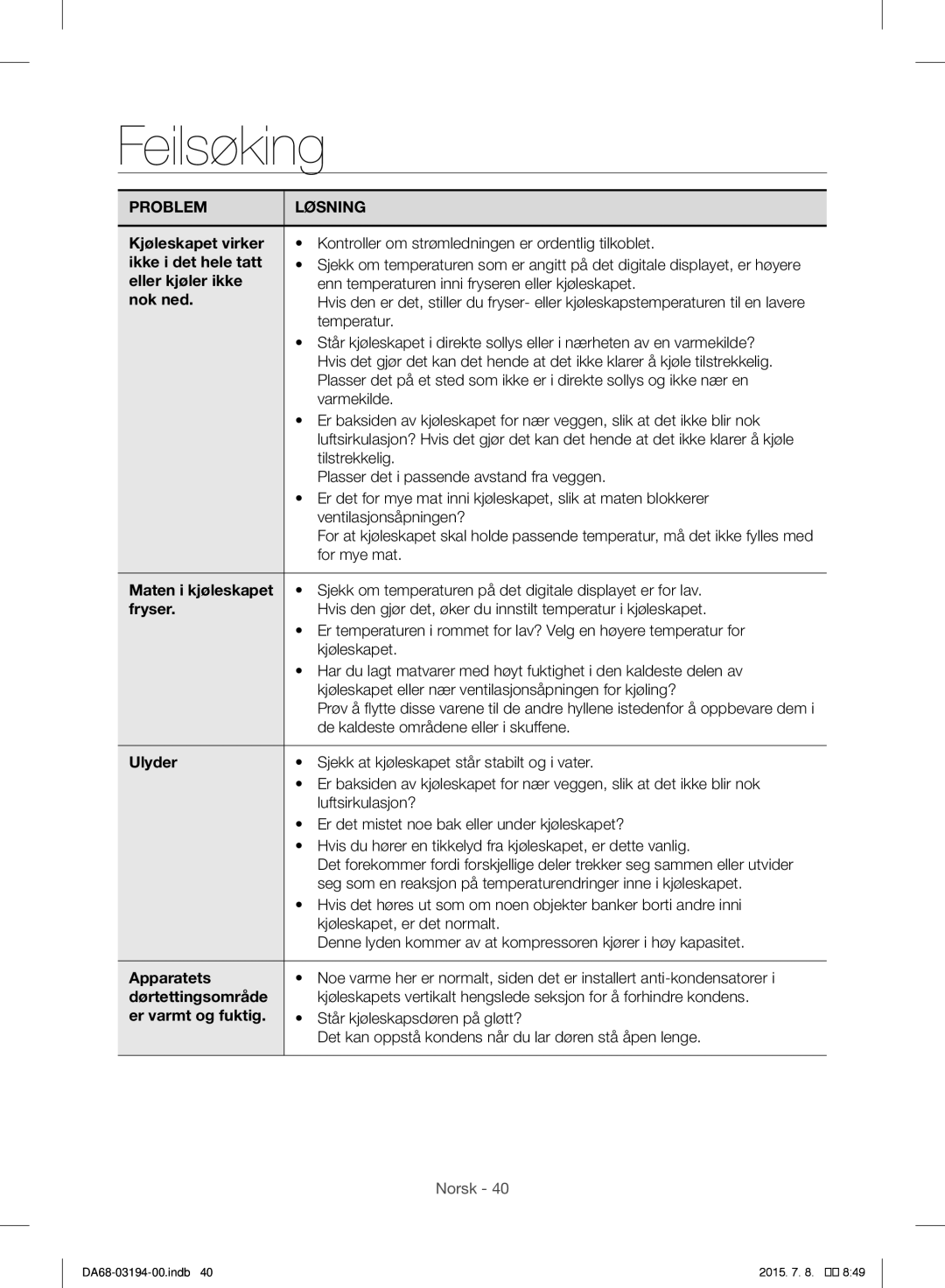 Samsung RF56J9040SR/EF manual Feilsøking 