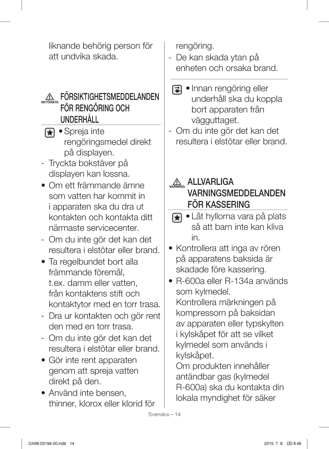 Samsung RF56J9040SR/EF manual Underhåll, Varning Varningsmeddelanden FÖR Kassering 