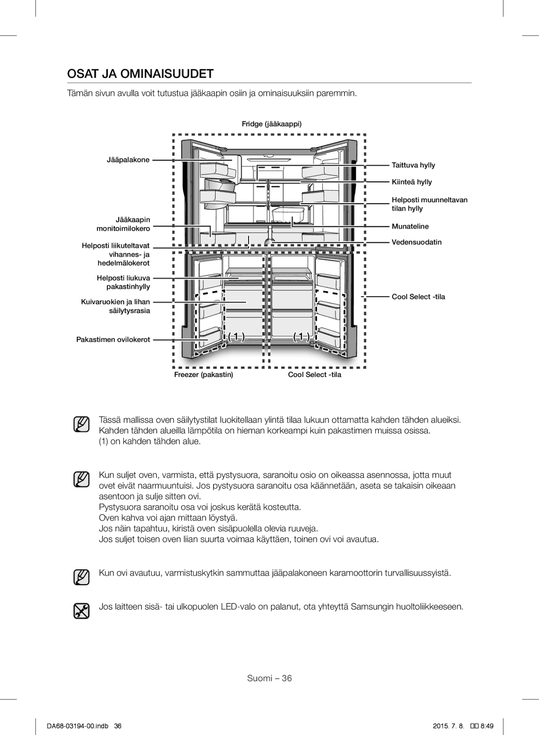 Samsung RF56J9040SR/EF manual Osat JA Ominaisuudet 