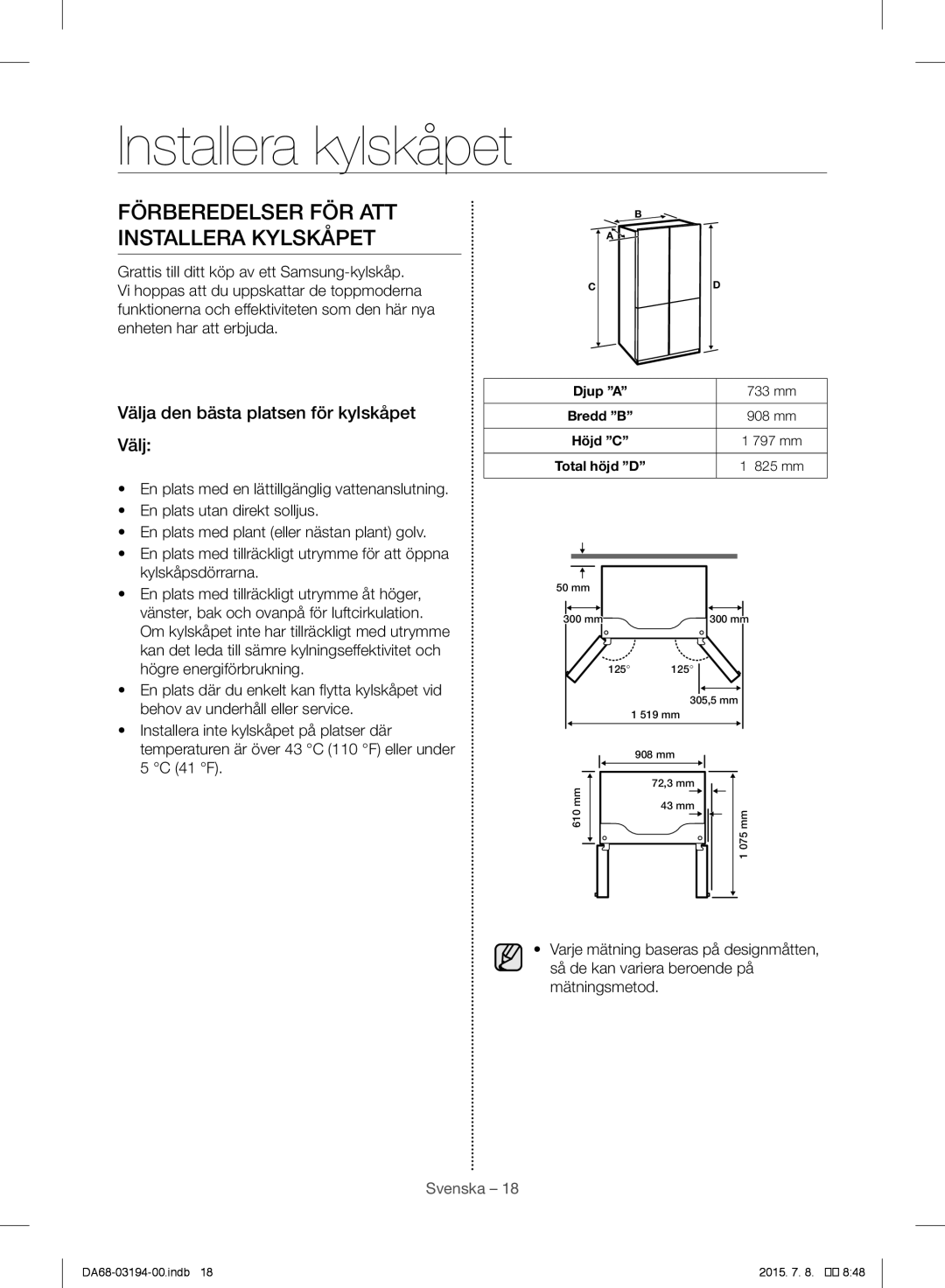 Samsung RF56J9040SR/EF manual Installera kylskåpet, Välja den bästa platsen för kylskåpet Välj 