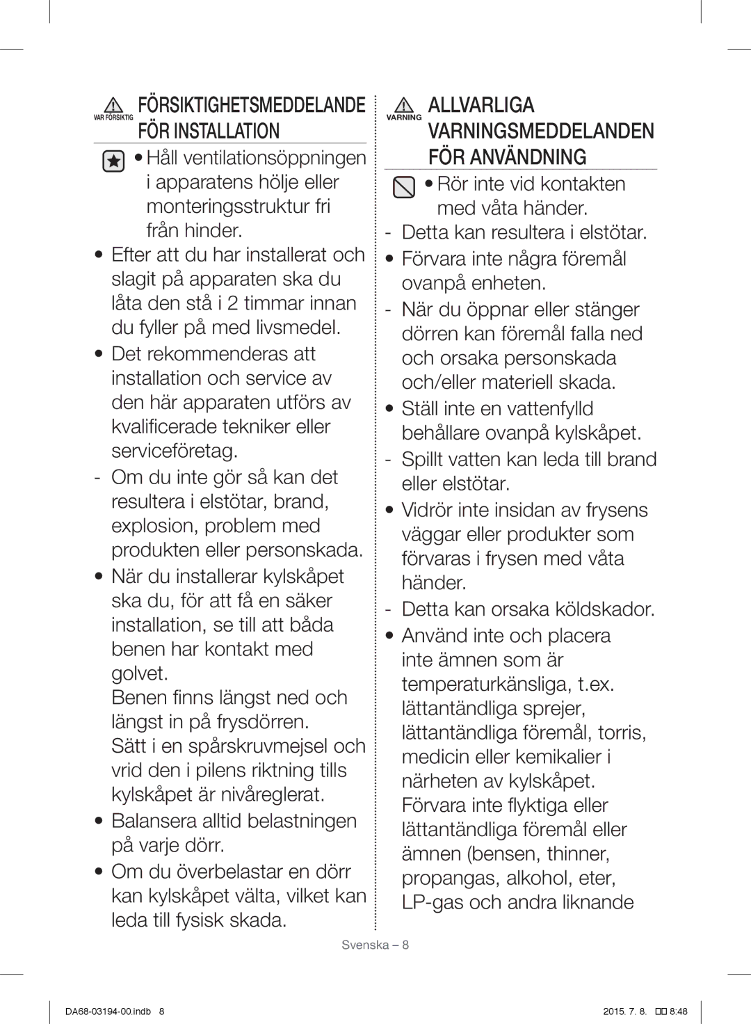 Samsung RF56J9040SR/EF manual Varning Varningsmeddelanden FÖR Användning 