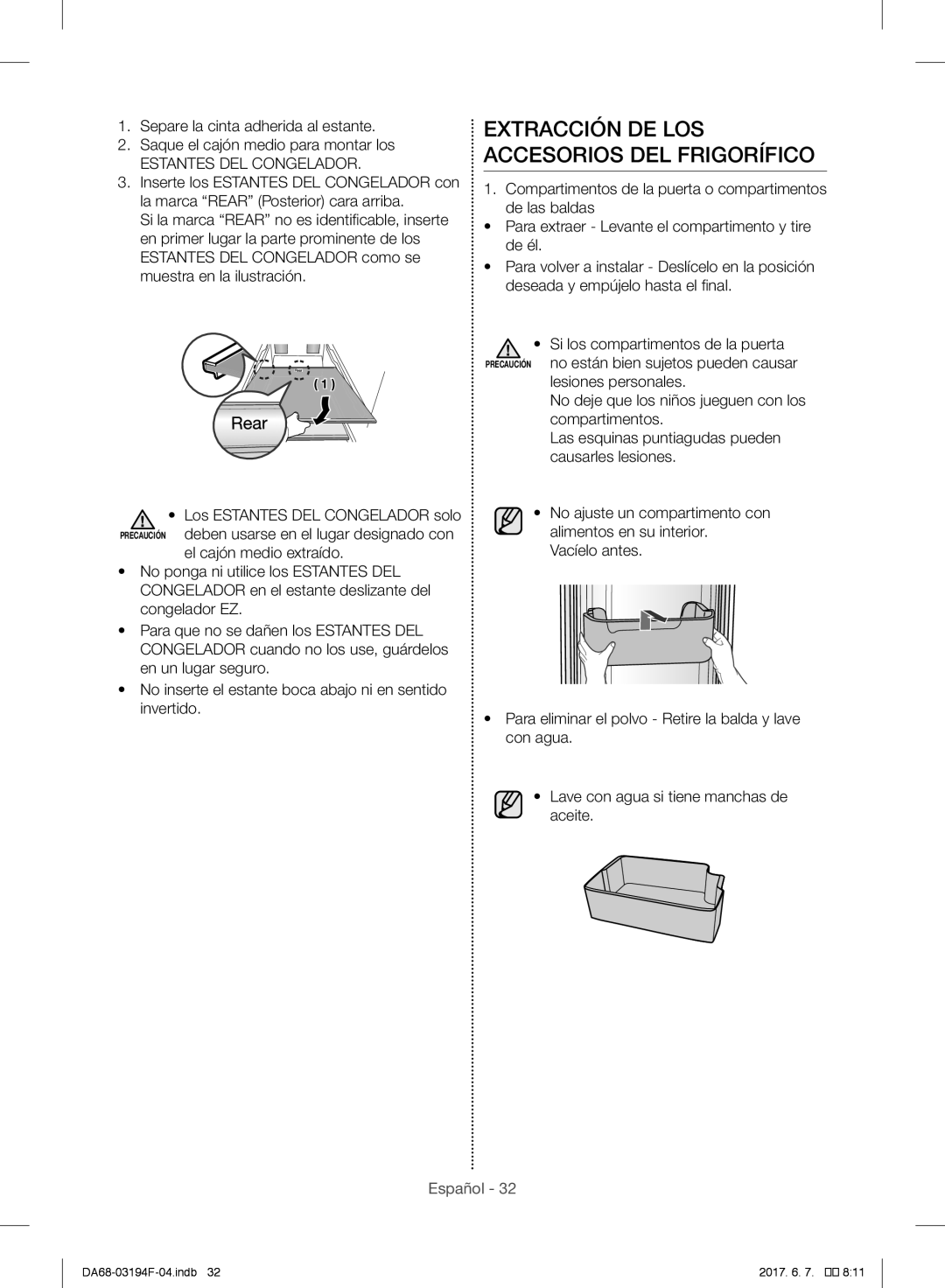 Samsung RF56J9041SR/EO, RF56J9041SR/EG manual Extracción DE LOS Accesorios DEL Frigorífico, Estantes DEL Congelador 