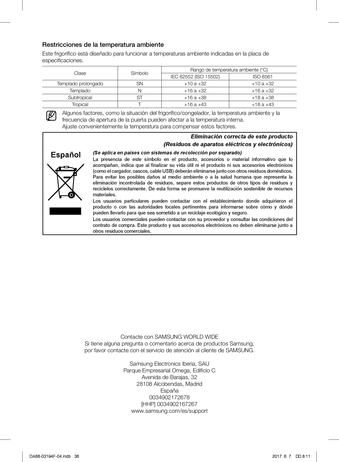 Samsung RF60J9021SR/ES, RF56J9041SR/EG manual Restricciones de la temperatura ambiente, Contacte con Samsung World Wide 