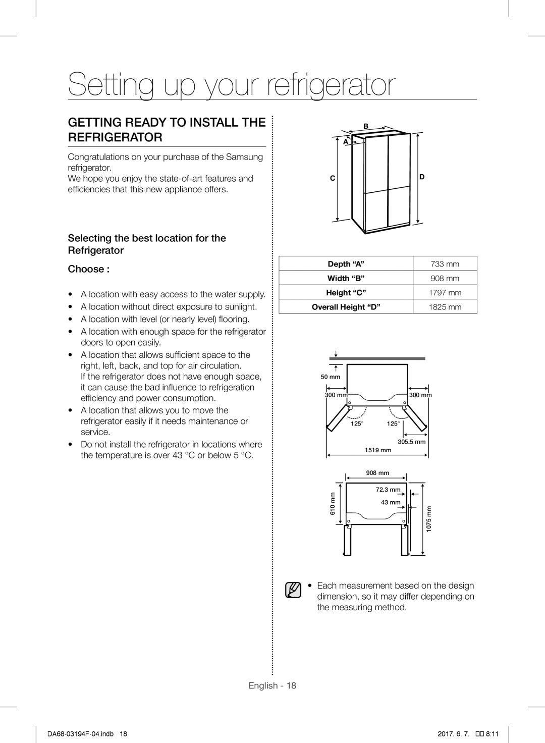 Samsung RF60J9021SR/ES, RF56J9041SR/EG manual Setting up your refrigerator, Getting Ready to Install the Refrigerator 