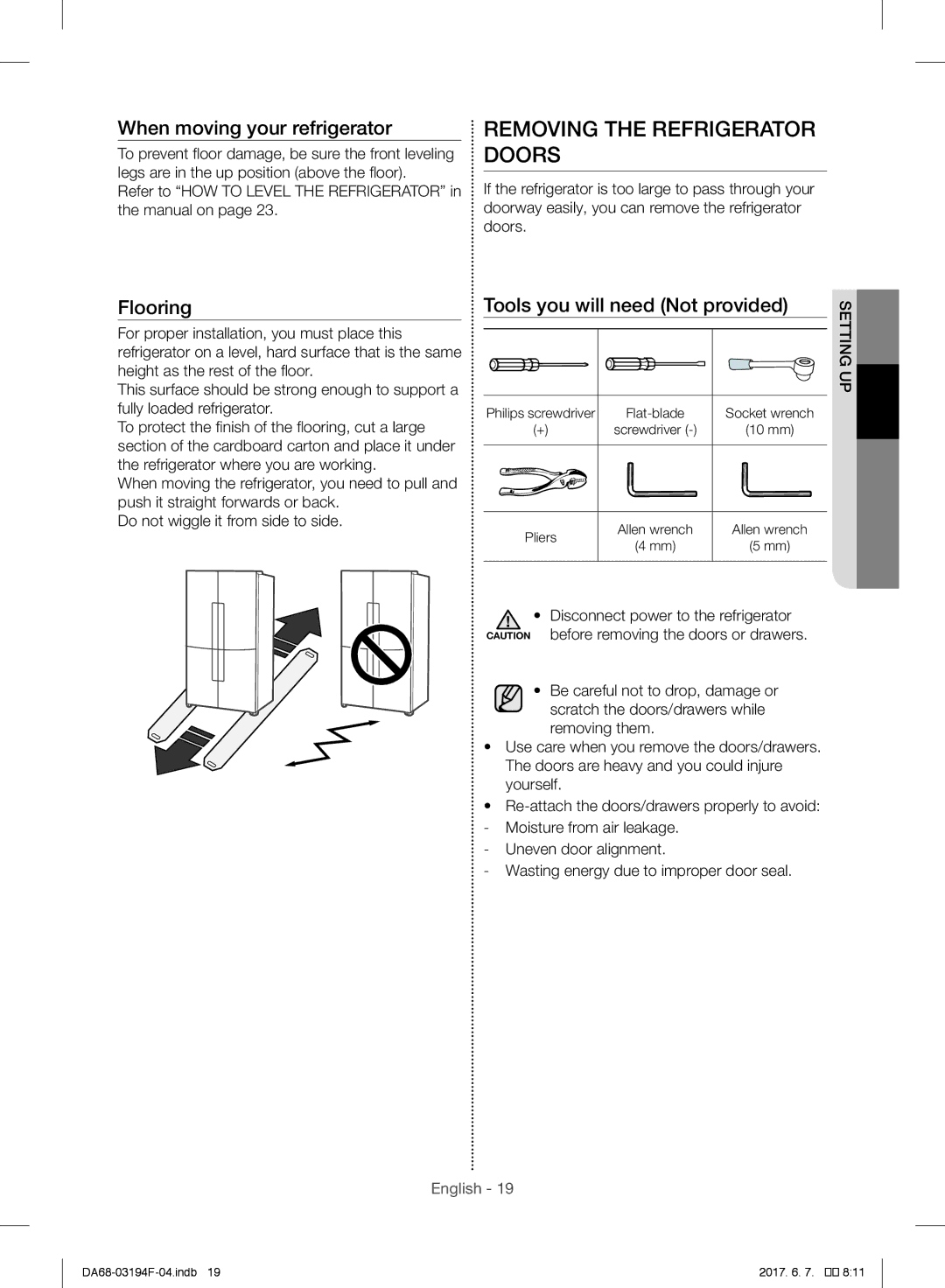 Samsung RF56J9041SR/EO Removing the Refrigerator Doors, Refer to HOW to Level the Refrigerator in the manual on 