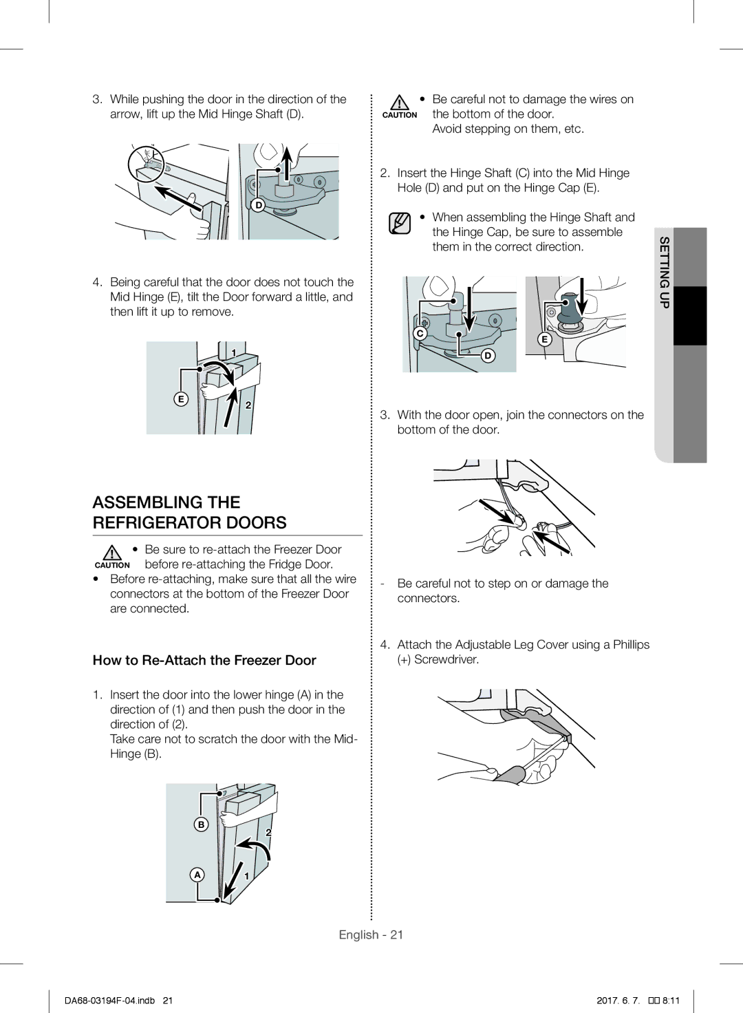 Samsung RF56J9040SR/EF Assembling Refrigerator Doors, How to Re-Attach the Freezer Door, Them in the correct direction 