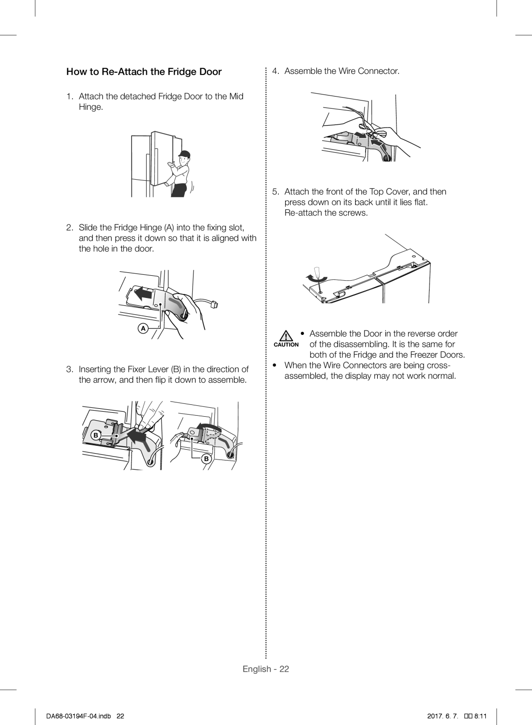 Samsung RF60J9000SL/ES, RF56J9041SR/EG manual How to Re-Attach the Fridge Door, Both of the Fridge and the Freezer Doors 