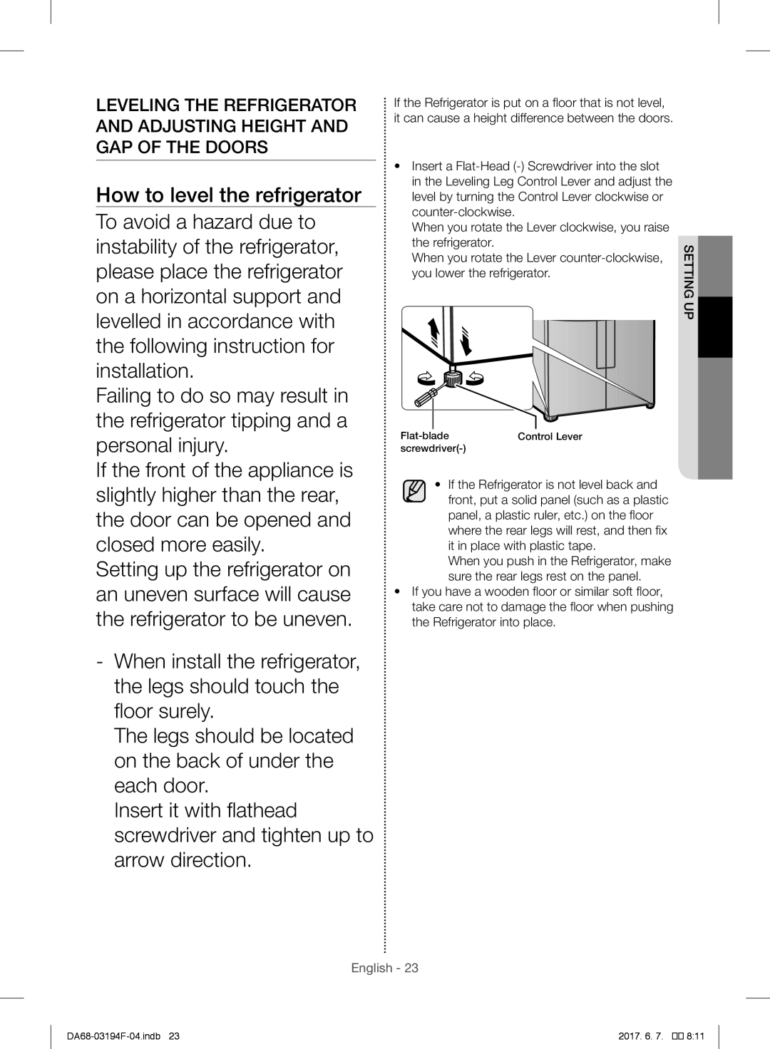 Samsung RF60J9021SR/ES manual Insert a Flat-Head Screwdriver into the slot, Level by turning the Control Lever clockwise or 