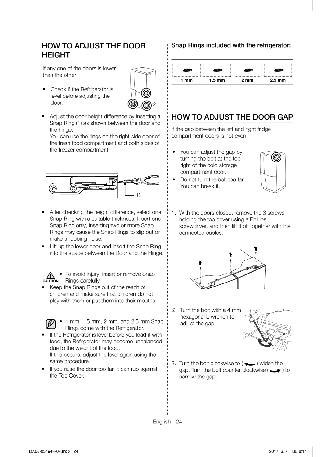 Samsung RF56J9041SR/EO, RF56J9041SR/EG, RF56J9040SR/EF manual HOW to Adjust the Door Height, HOW to Adjust the Door GAP 