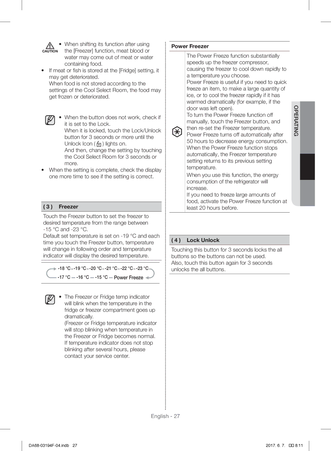 Samsung RF60J9000SL/ES, RF56J9041SR/EG manual Power Freezer, Temperature you choose, Least 20 hours before, Lock Unlock 